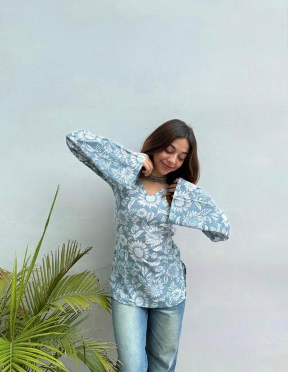 Soft Blue with White Floral Kurti