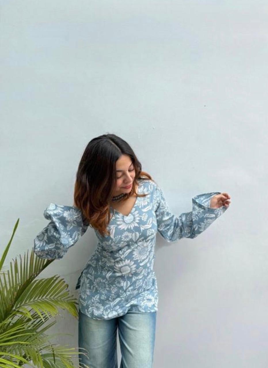 Soft Blue with White Floral Kurti