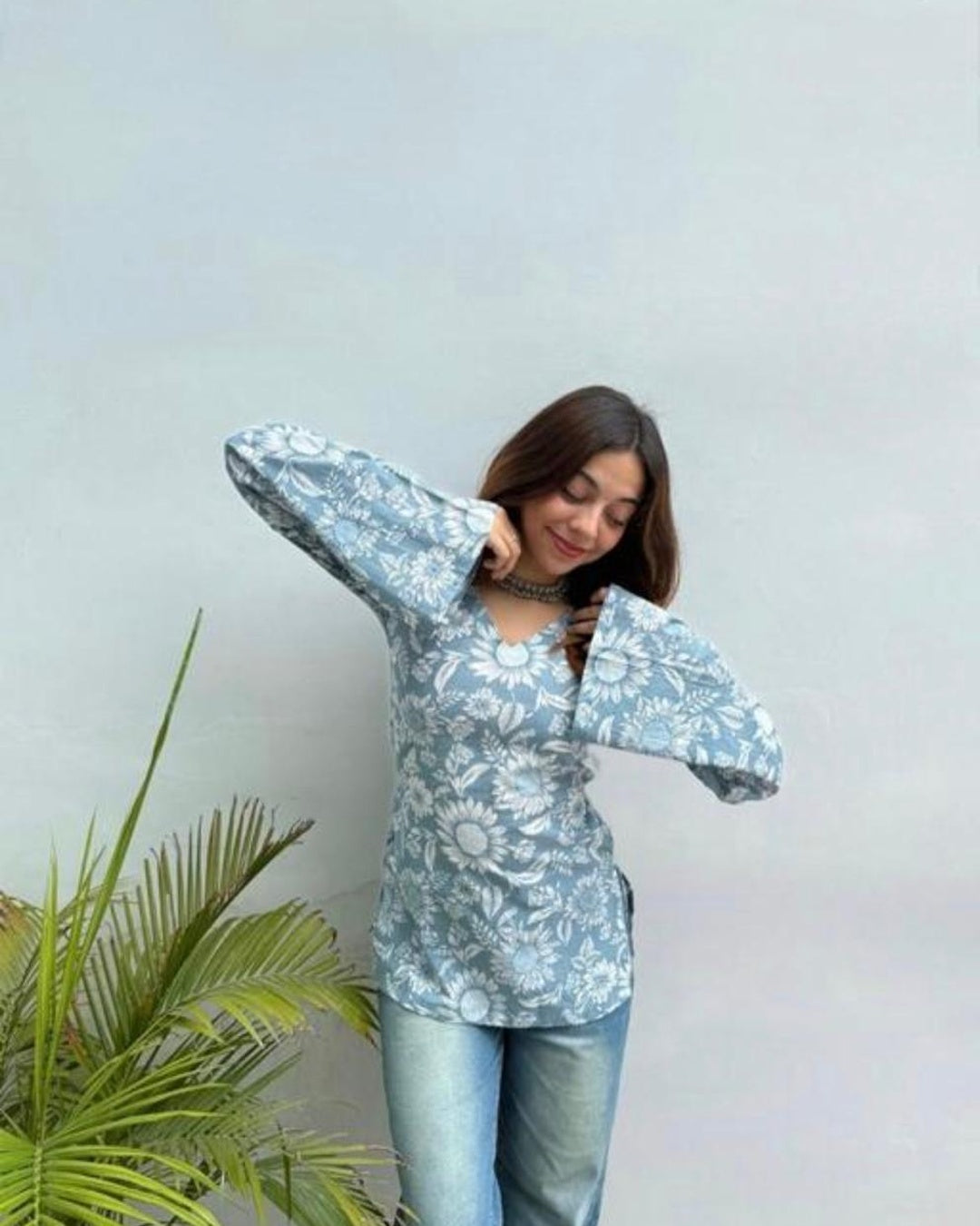 Soft Blue with White Floral Kurti
